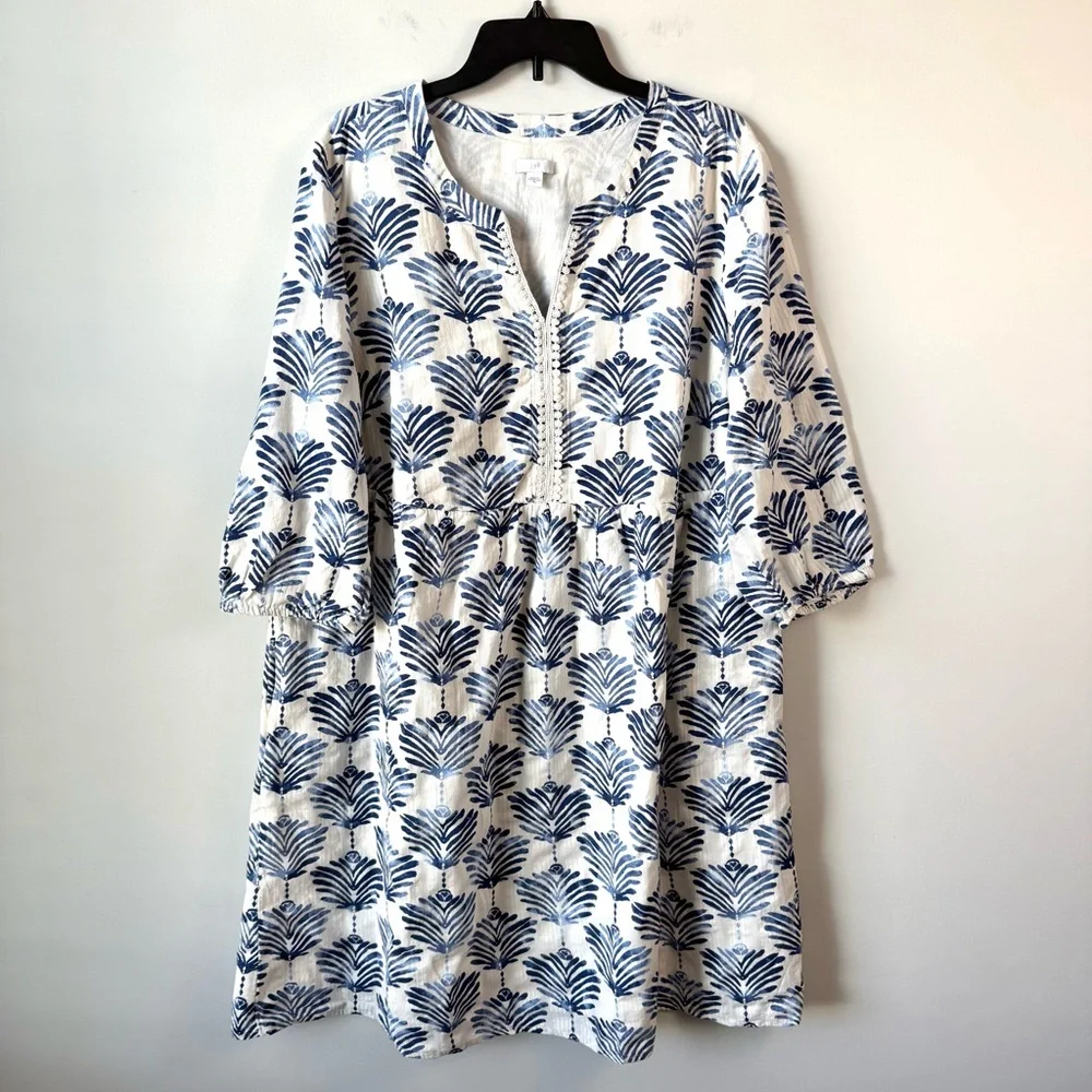 J. Jill Printed Split Neck Cotton Dress White Blue XL Coastal - Picture 2 of 9